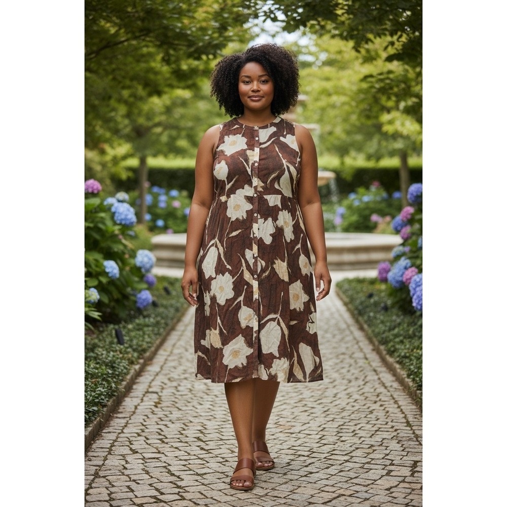 Ann Taylor Floral Midi Dress Brown Lyocell Linen Button Front 16 Cottagecore